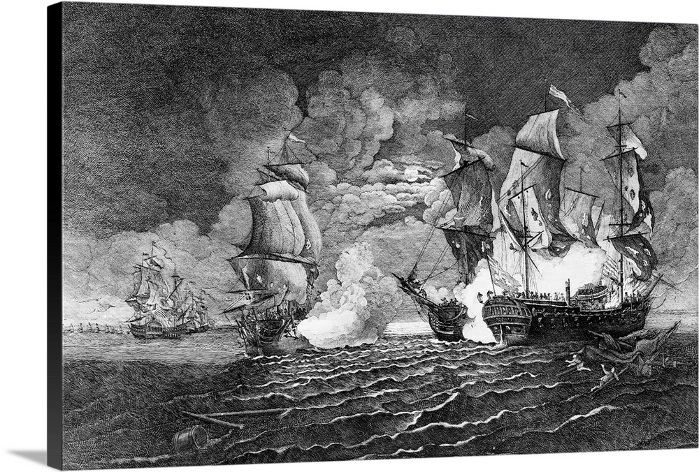 Sea Battles: Battle between the Seraphis and Bon Hoome Richard under John Paul Jones. July 22, 1779. Illustration.