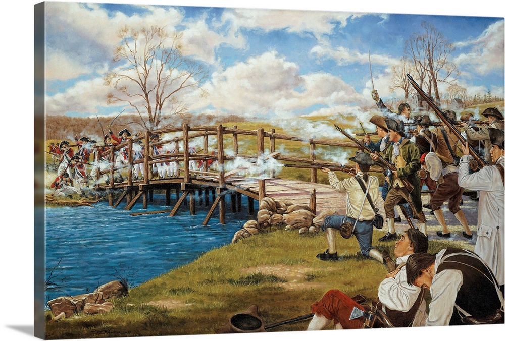 Battling the Redcoats at Concord Bridge, Massachusetts on April 19, 1775, the shot heard 'round the world. American Revolu...