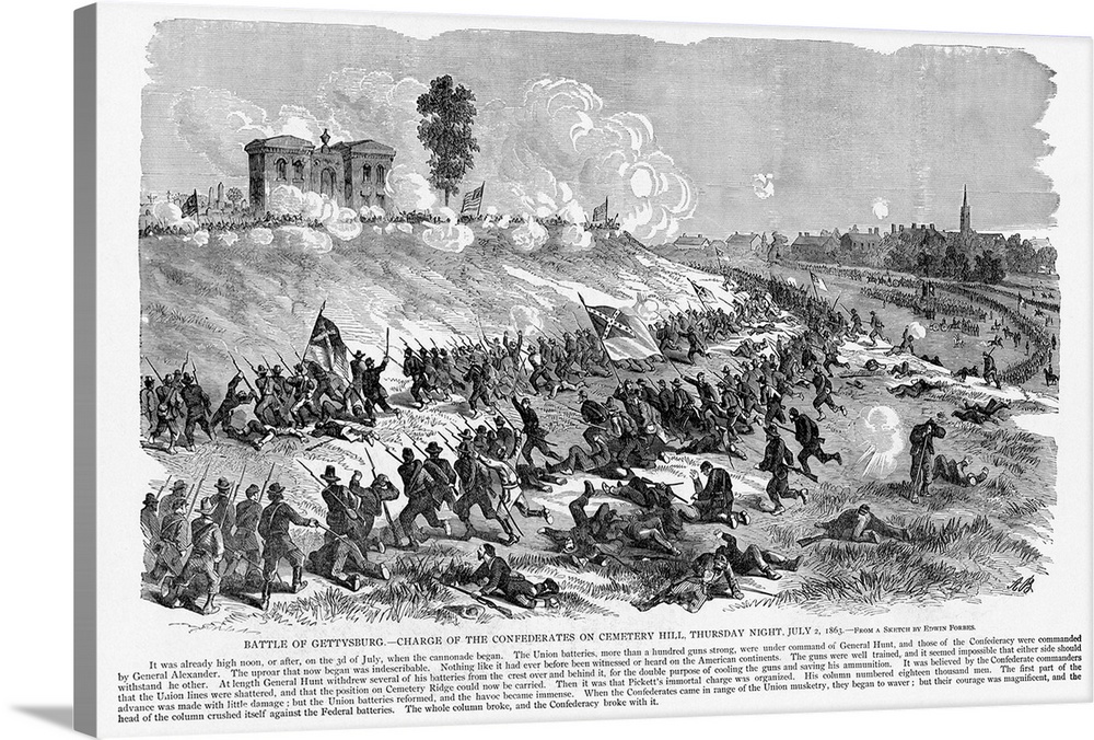 Confederate forces charge Cemetery Hill on July 2, 1863, during the Battle of Gettysburg.