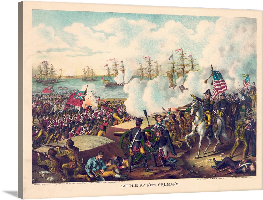 General Andrew Jackson on horseback in foreground commanding troops in battle against British troops commanded by General ...