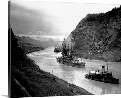 Battleship Moving Through Panama Canal, 1915