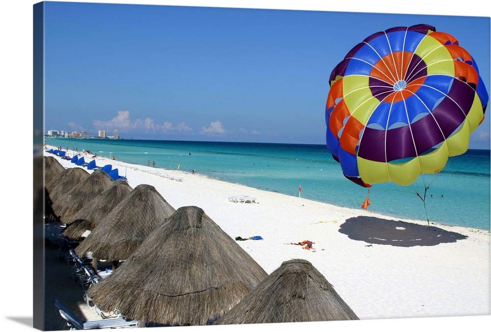 Beach and parasailing parachute, Hotel Zone, Cancun, Mexico