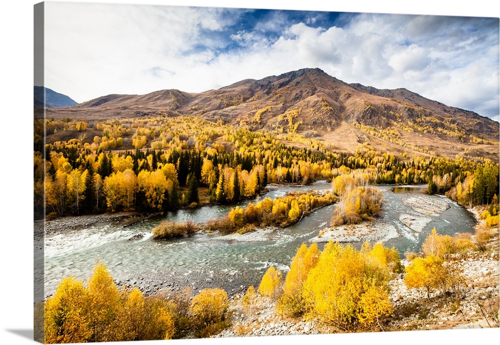 Beautiful river valley in fall.China/xinjiang hiking: Fall colors of Hemu riverside
