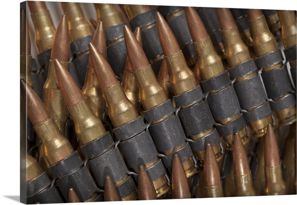 Belt feed ammunition for the M249 light machine gun, also known as the M249 Squad Automatic Weapon (SAW).
