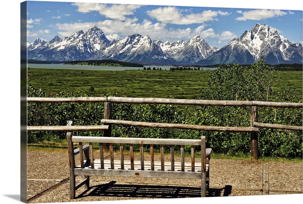 Deserted bench at Willow Flats in Grand Teton National Park, Jackson Hole, Wyoming.