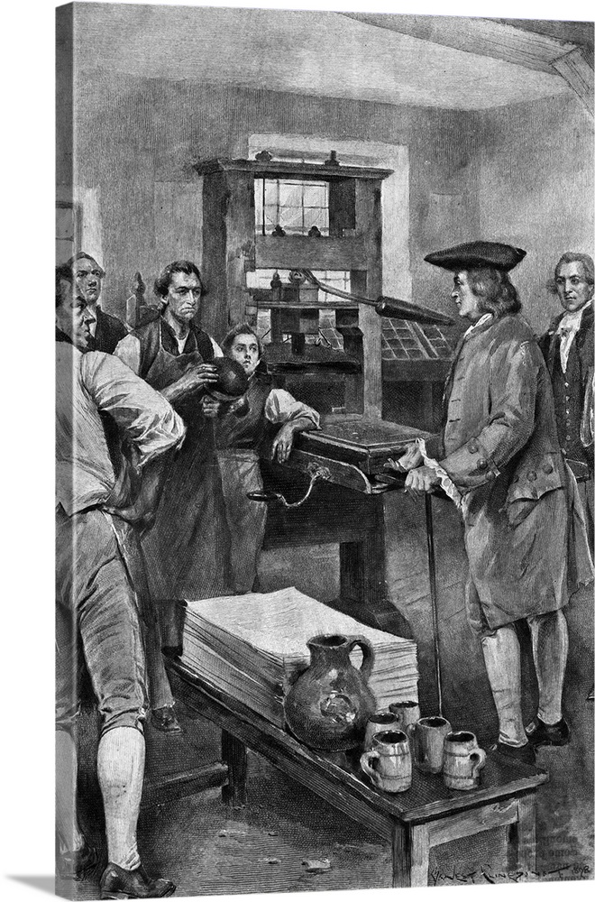 Benjamin Franklin offering advice on success in printing to the workers at Watt's print shop. Woodcut by B. West Clinedinst.