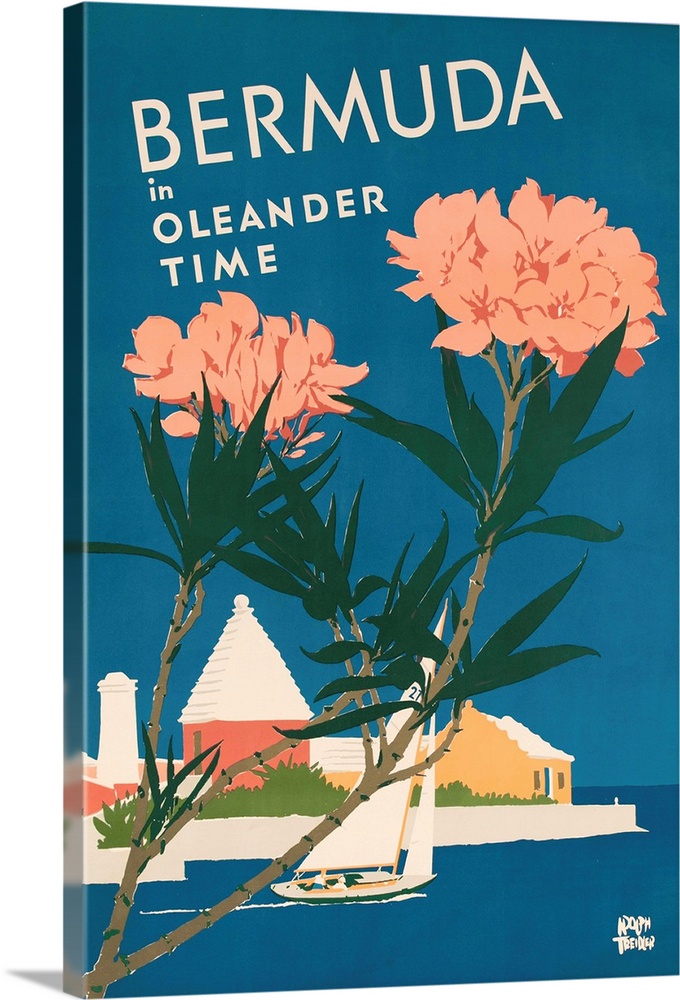 Bermuda travel poster showing sailboat in front of typical architecture with flowering Oleanders in the foreground, illust...