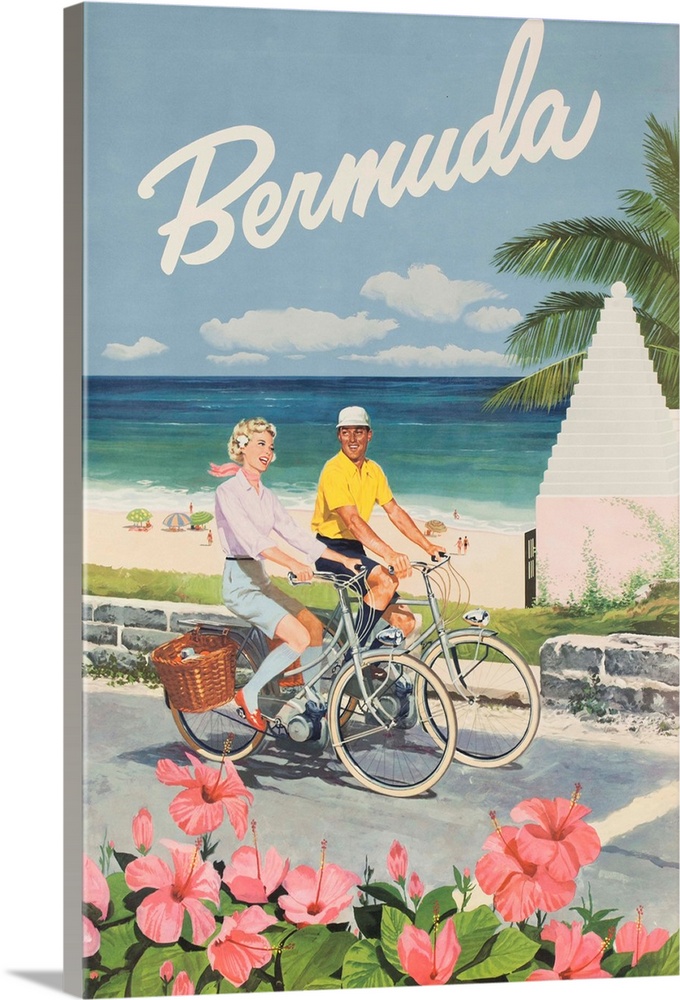 ca 1960s Bermuda Travel Poster showing a happy couple riding bicycles on a beachside path.
