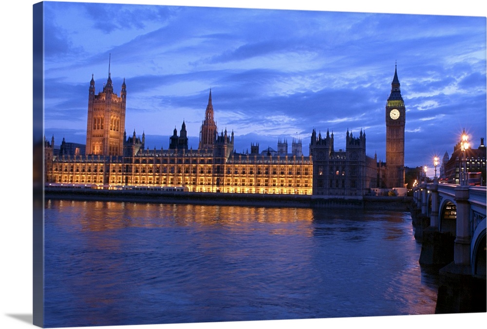Photo print of Big Ben at dusk lit up from a distance.