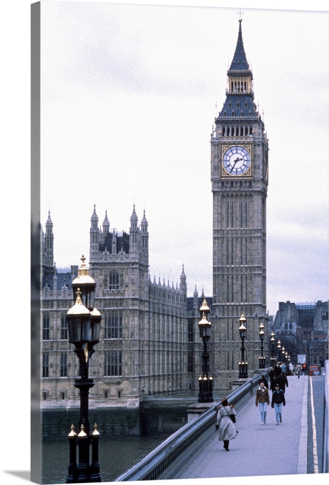 Portrait, large photograph of people walking on Westminster Bridge, leading toward Big Ben towering over London.