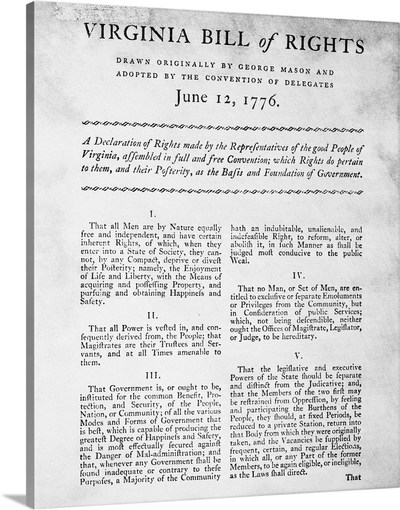 6/12/1776-The Virginia Bill of Rights drawn by George Mason and adopted Convention of Delegates, June 12, 1776. Photograph.