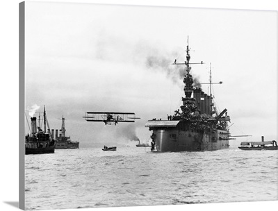 Biplane Flying From Armored Cruiser
