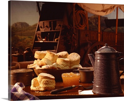 Biscuits and coffee on chuck wagon