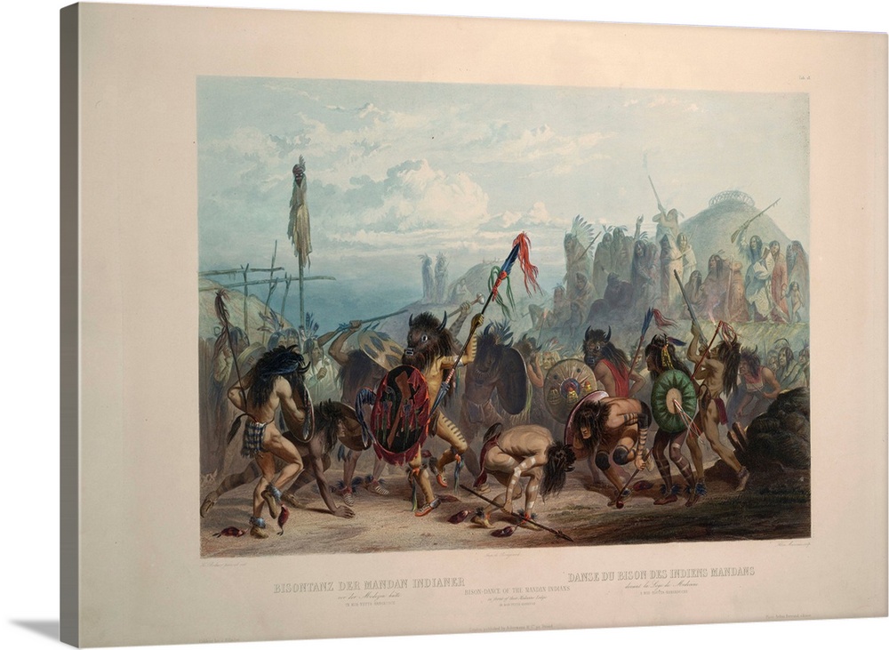 Bison dance of the Mandan Indians in front of their medicine lodge by Karl Bodmer. Hand-colored engraving. Private collect...