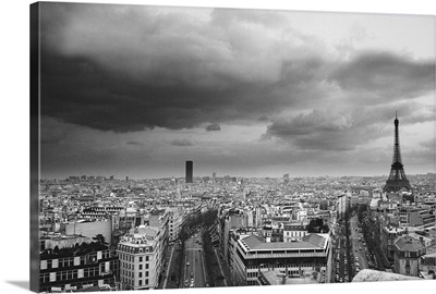 black and white aerial view of an overcast sky above the Eiffel tower