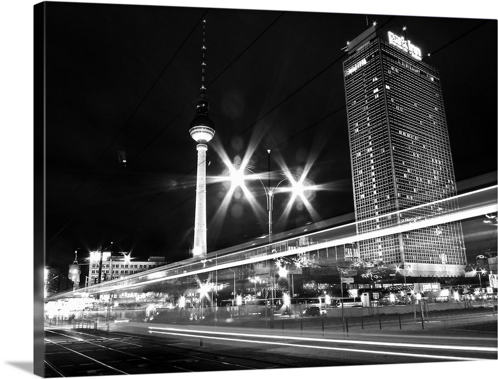 Black and white image of cityscape in night.