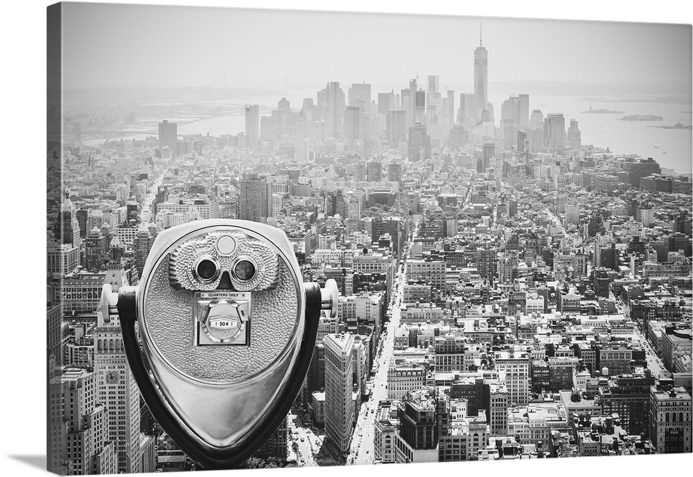 Black and white toned tourist binoculars over Manhattan Skyline, New York City, USA.
