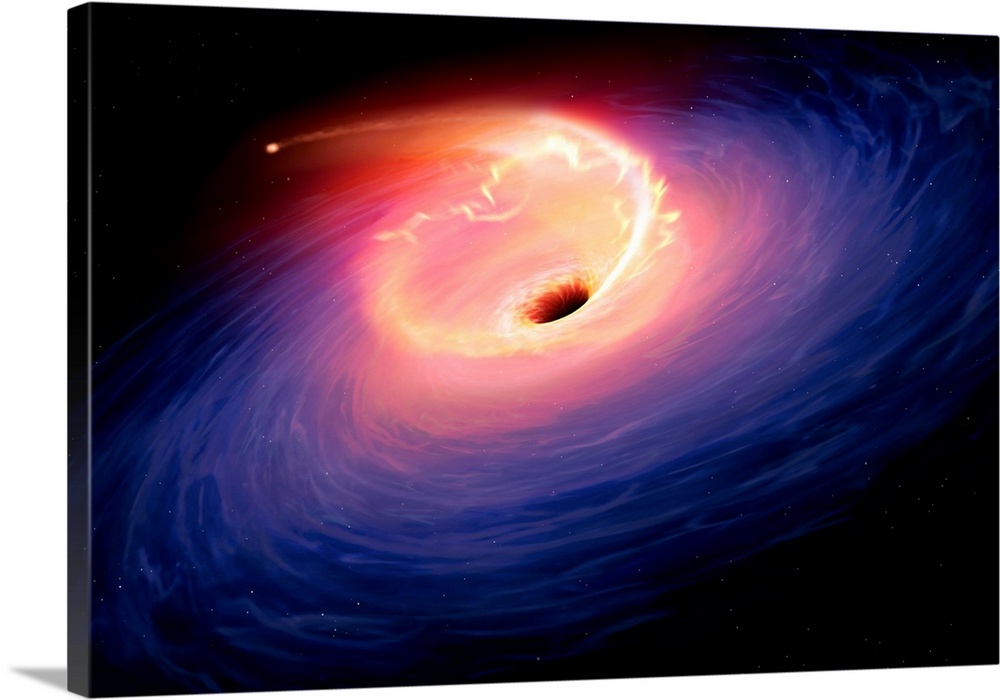 Artwork depicting a tidal disruption event (TDE). TDEs are causes when a star passes close to a supermassive black hole an...