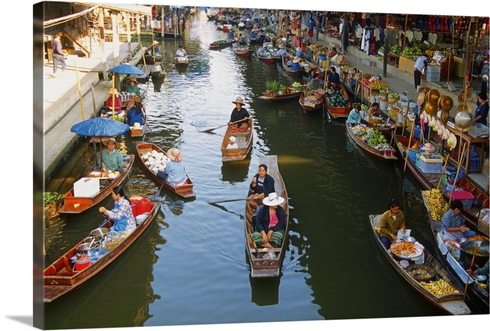 High angle view of boats, Damnoen Saduak Floating Market, Bangkok, Thailand