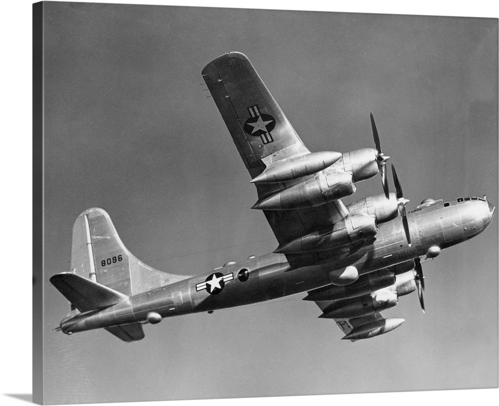 Boeing B-50D Superfortress is equipped with fittings to hold two streamlined external fuel tanks or 4,000 pound bombs and ...