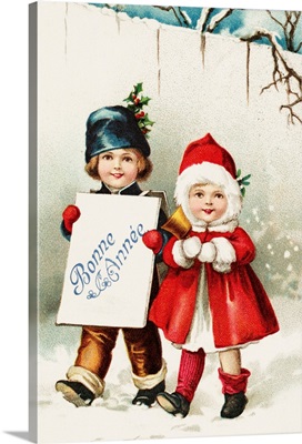 Bonne Annee Postcard With Two Children