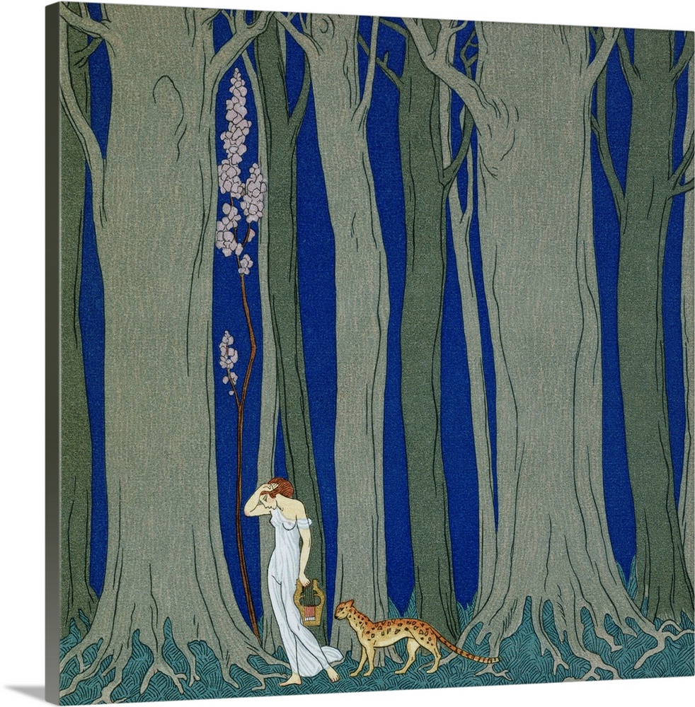 ca. 1920-1930 --- Book Illustration of a Woman and a Leopard in the Forest by Georges Barbier.