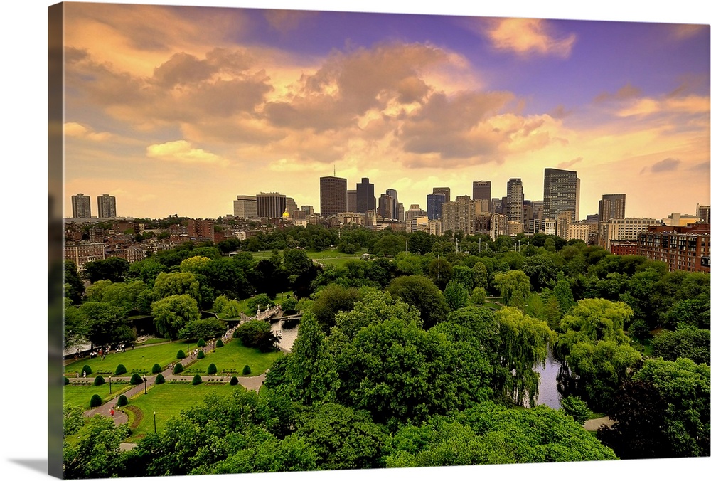 Aerial view of Boston Skyline and Boston Public Garden in early morning, Boston Massachusetts.