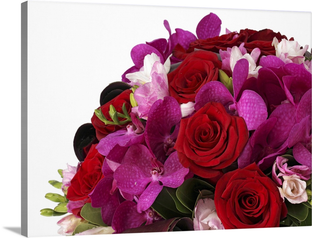 Bouquet of red roses, pink freesias, purple vanda orchids