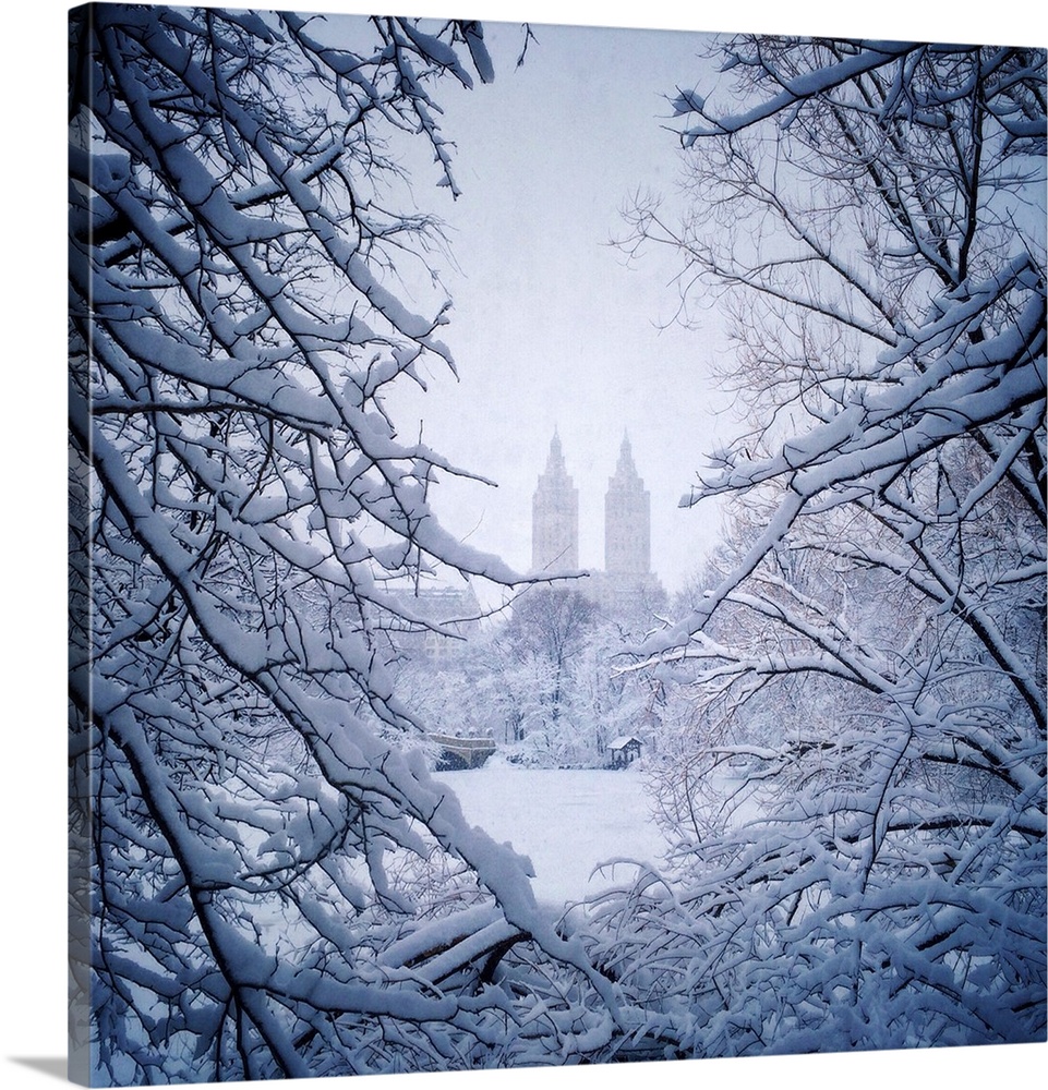 Bow Bridge as seen through snow-covered trees in New York City's Central Park.