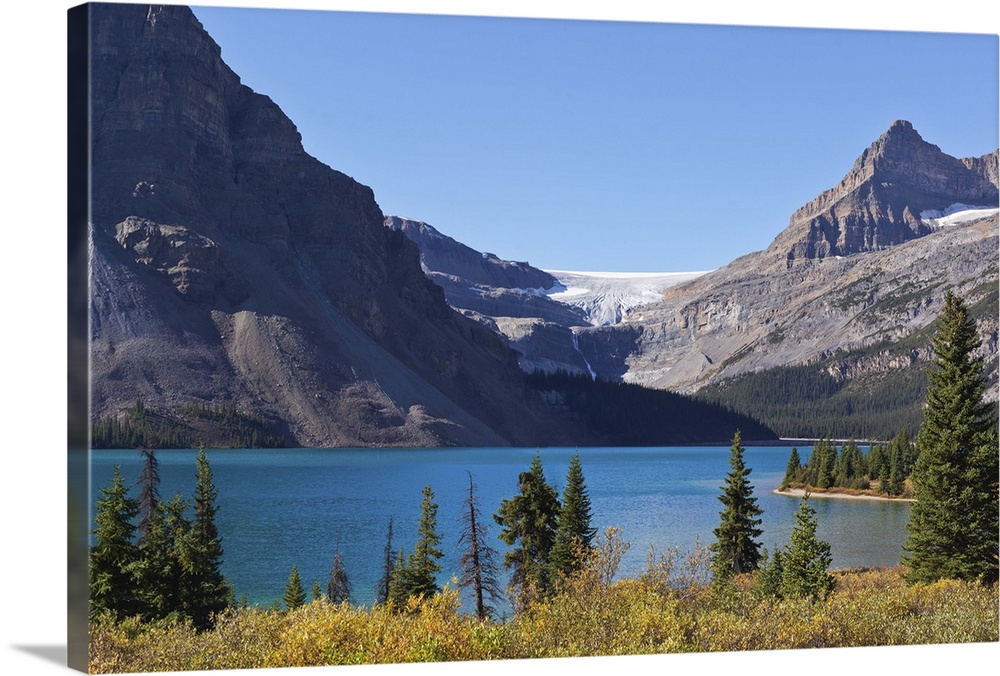 Bow lake and Bow glacier in Banff National Park in rocky mountains of Canada.