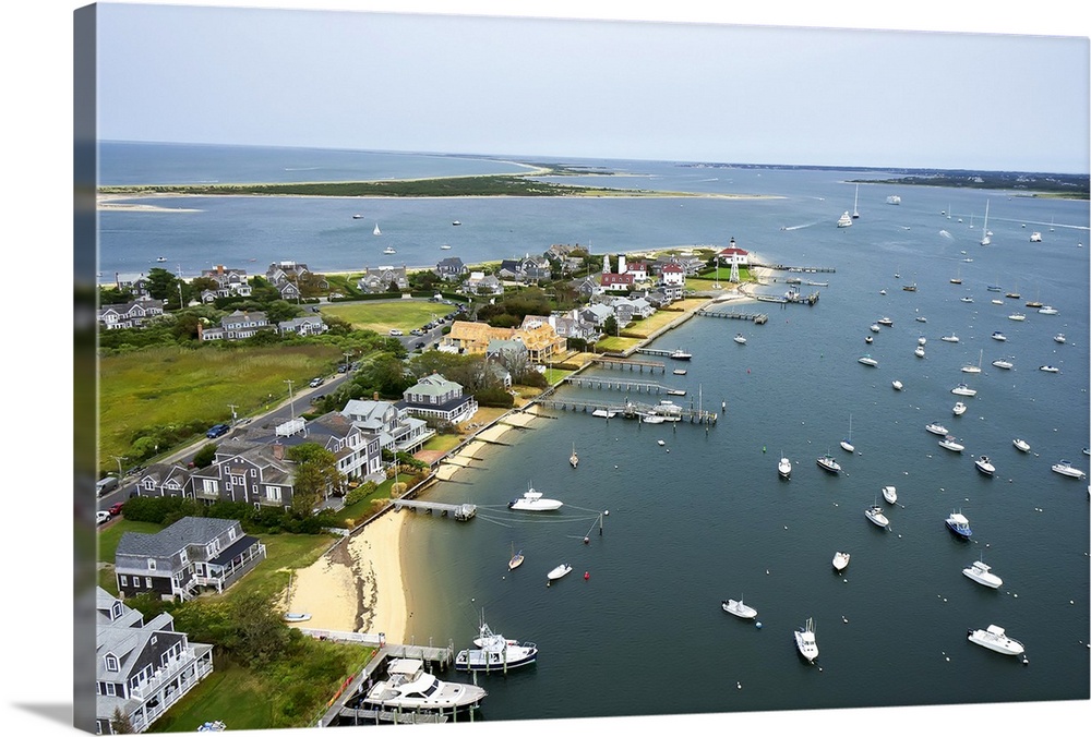 Kite aerial of Brant Point and harbor and Coatue, Nantucket, MA.