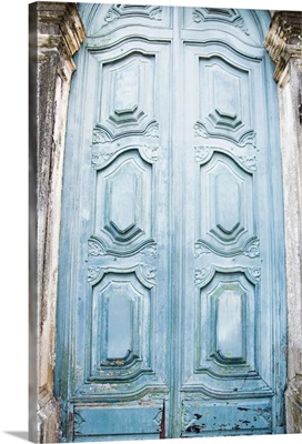 Brazil, Bahia, Salvador De Bahia, Close up on blue carving door