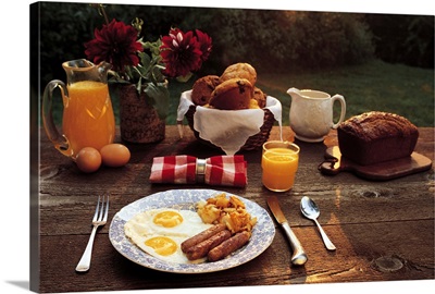 Breakfast on rustic table outdoors
