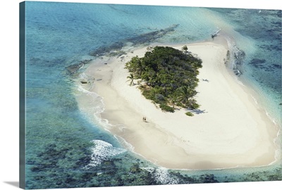 British Virgin Islands, Sandy Cay, two people on beach, aerial view