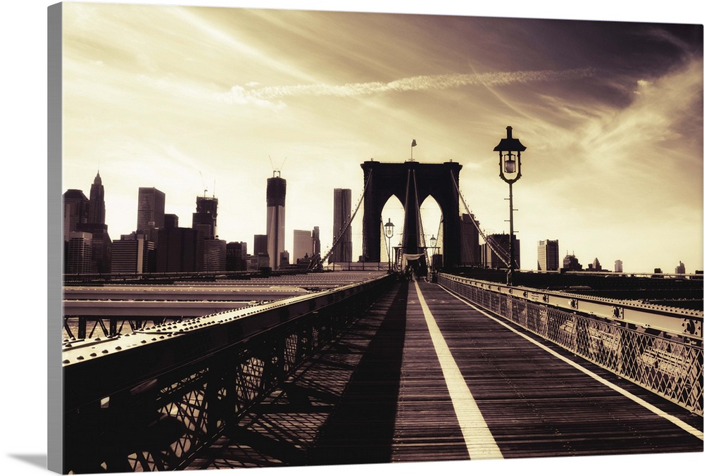 Brooklyn Bridge and one of its arches and the skyscrapers of lower Manhattan.