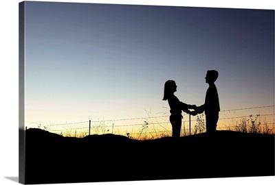 Brother sister holding hands sunset silhouette