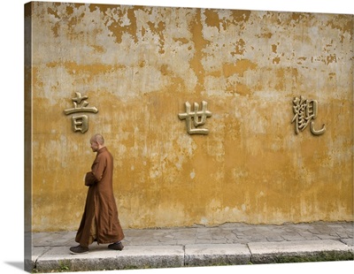 Buddhist monk walking near temple wall
