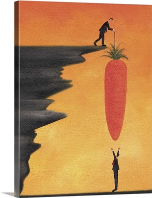 Businessman hanging carrot down a cliff