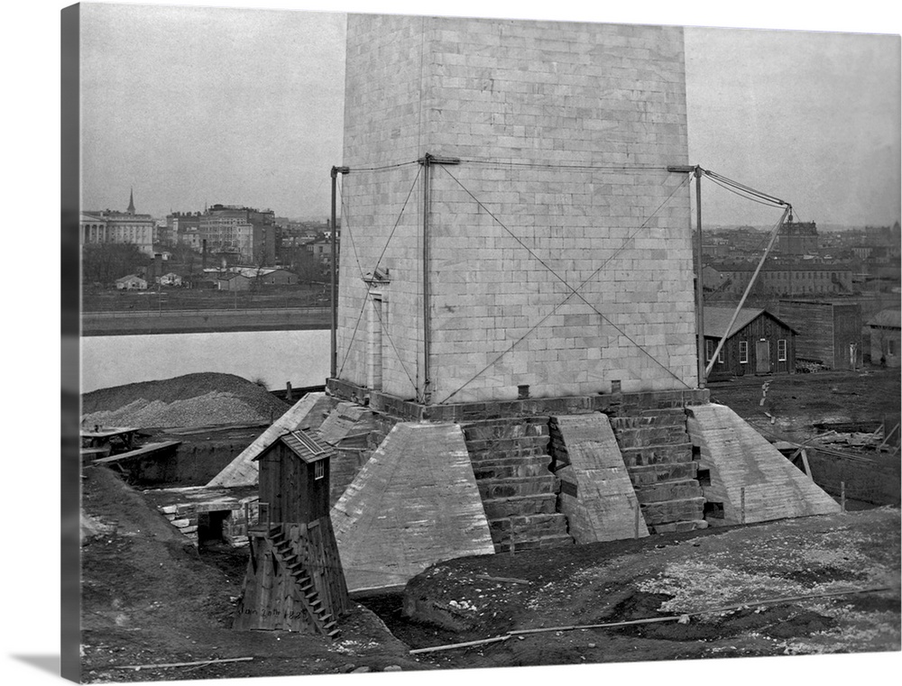 Buttresses support the foundation of the Washington Monument during construction. January 20, 1880.