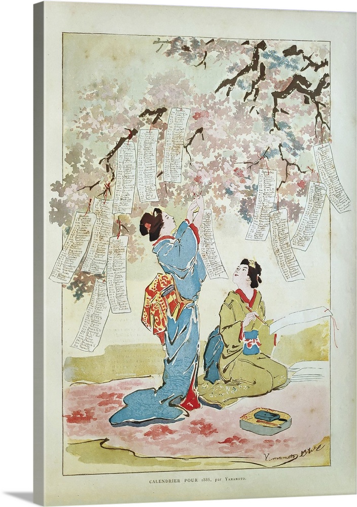 Illustration of two geisha entitled "Calendrier pour 1885" by Yamamoto published on December 1st, 1884 in the monthly maga...
