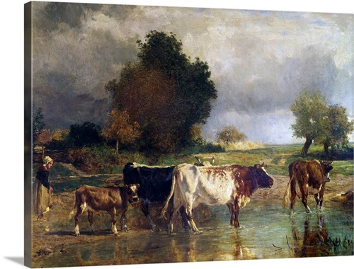 Calf and cows at the marl or The watering by Constant Troyon Wall Art ...