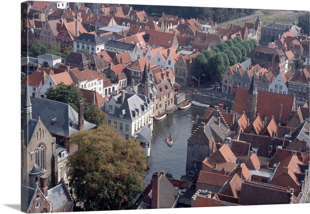 A canal and buildings in Bruges, Belgium.