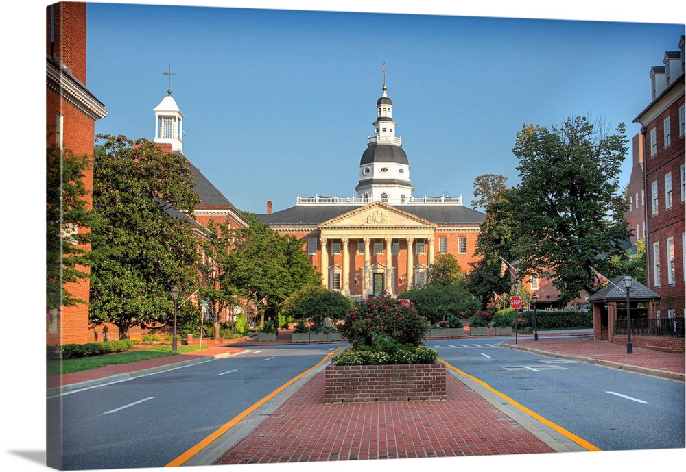 Maryland state house with dome and government buildings in downtown historic Annapolis.