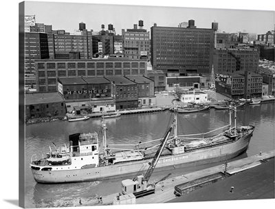 Cargo Ship Moving Down Cuyahoga River, Cleveland, Ohio