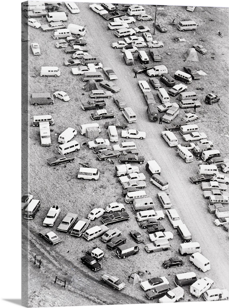 12/7/1969-Livermore, California- Aerial view of cars parked at random near Altamont Speedway where an estimated 300,000 ro...