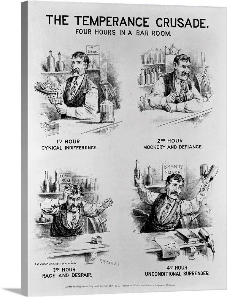 A bartender proceeds through what is termed the four stages of the temperance crusade in a cartoon from the temperance mov...