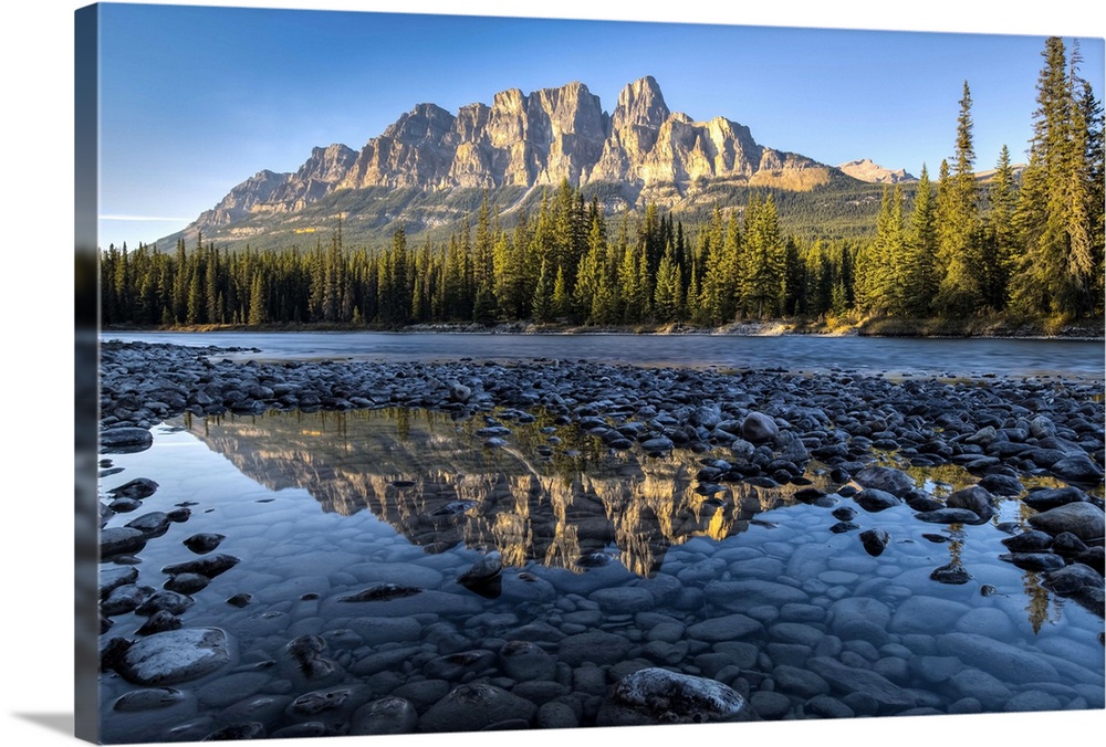 Castle Mountain gets red color as sun is setting.  In front, bow river is flowing and reflecting in a pond.
