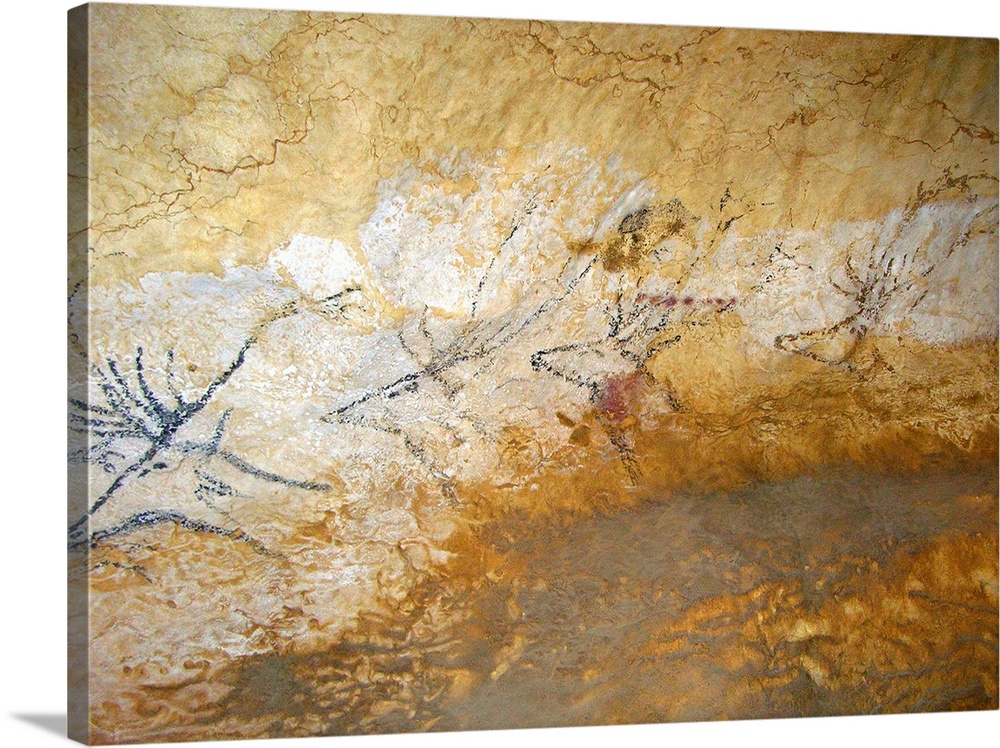 Paleolithic cave painting of elk or deer fording a stream or river, cave of Les Cerfs Nageant.