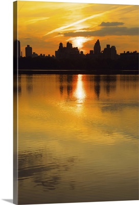 Central Park Reservoir glowing at sunset