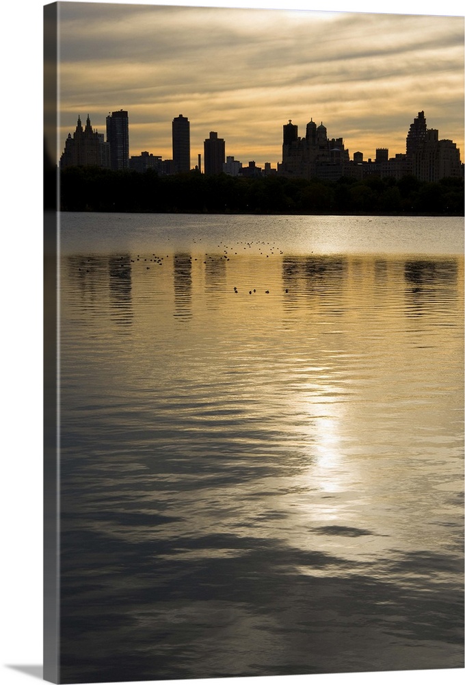 Silhouette of Central Park West buildings, Manhattan, can be seen behind.